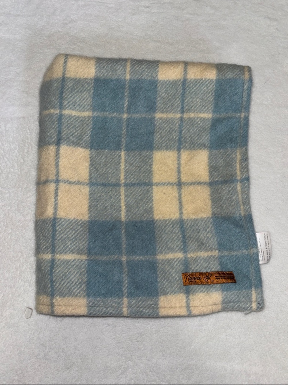 Nannie K 100% wool Blue & Cream checkered Blanket with car design